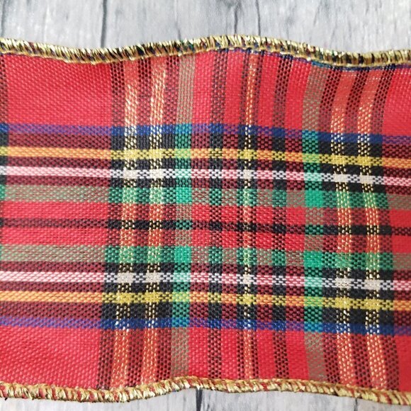 9.5 Yards of Wired 2.5" Wide Red Plaid Gold Edge Ribbon (unused) - Picture 1 of 2